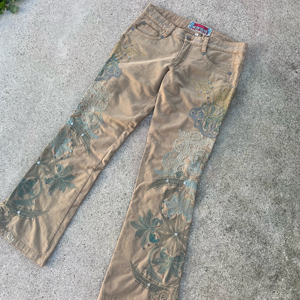 Y2K BIYA Johnny Was Two Ten Ten Five Embroidered Khaki Pants Boho Hippie Sz 6